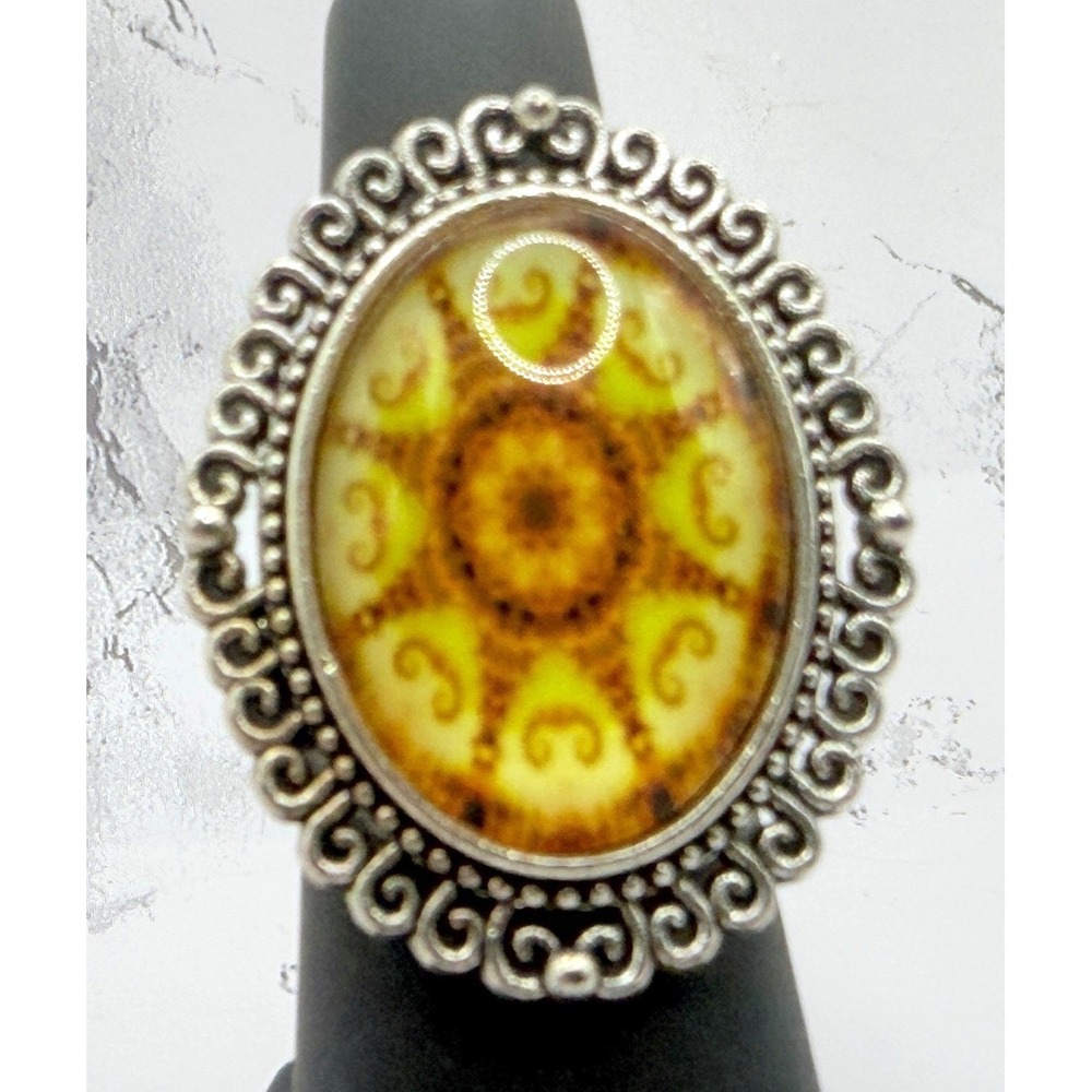 Yellow Sunburst Statement Ring Silver Tone Adjustable Boho Oval Ring 1.5"